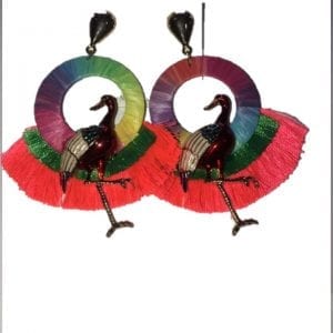 Wildflower Peacock on multicolored hoops with Fringe Earrings.