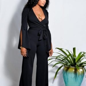 Women's Black long Sleeve Pants Romper with V Neck