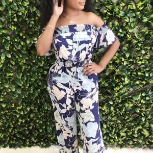 Women's Off Shoulder Floral Printed  Wide Leg  Pants Rompers