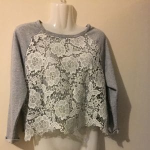 New girl blouse - gray knitted top with white lace - size small