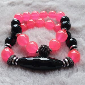 Women's Beaded Pink & Black Bracelets 12mm